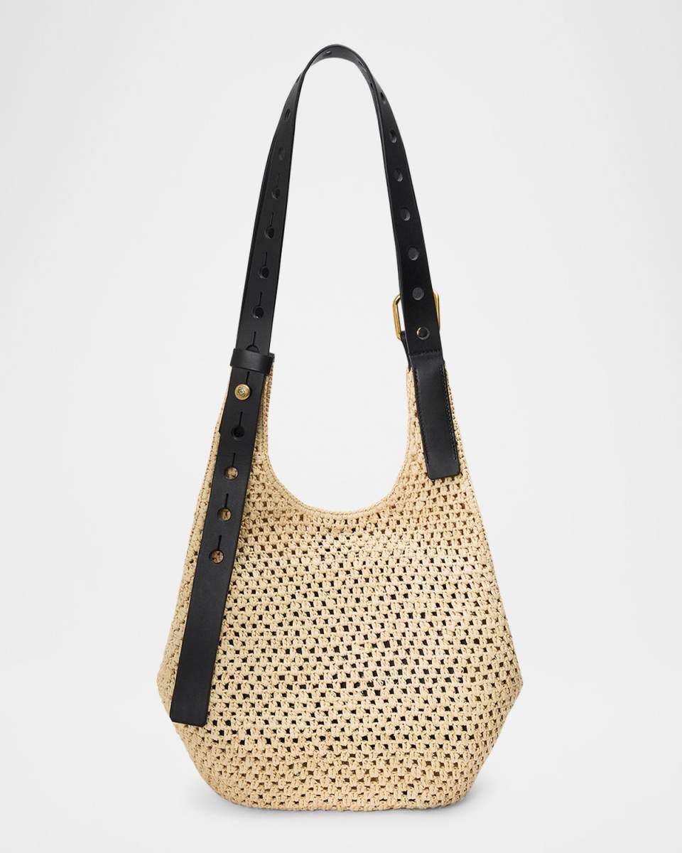 x Paula's Ibiza Small Punch Hole Hobo Bag in Raffia and Leather